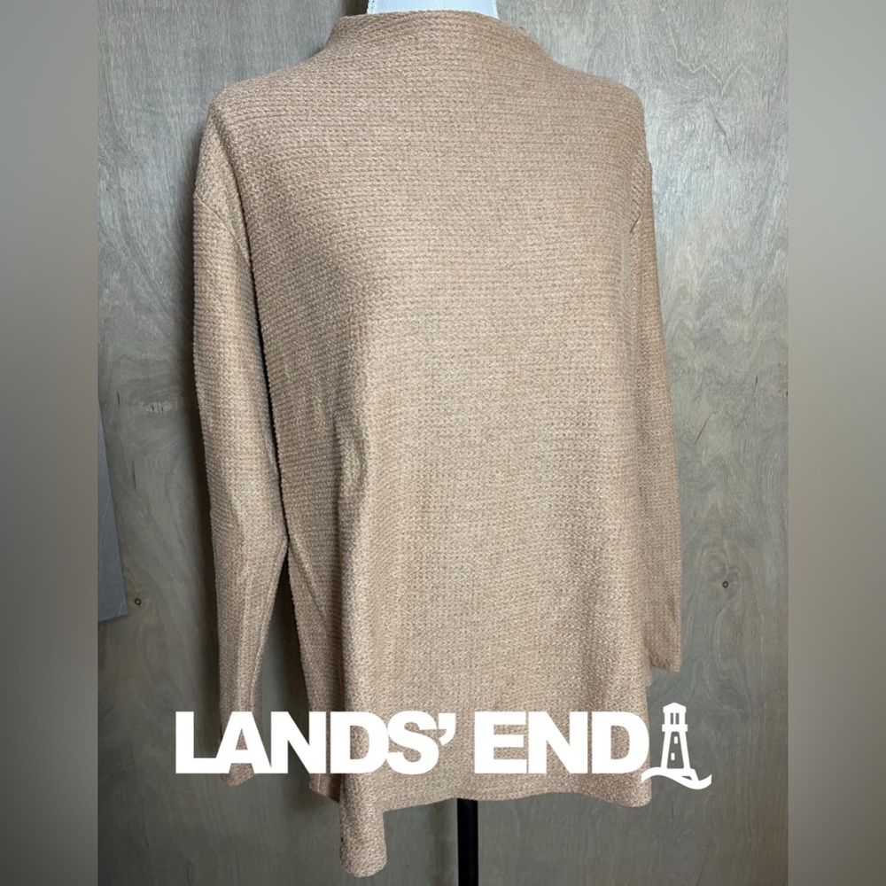 Lands End Petite Long Sleeve Cable Ottoman Funnel Neck Tunic Tan MP